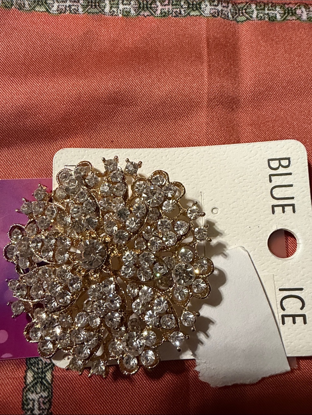 Blue Ice Gold Crystal Floral Brooch - Sparkling Clear Rhinestones -82